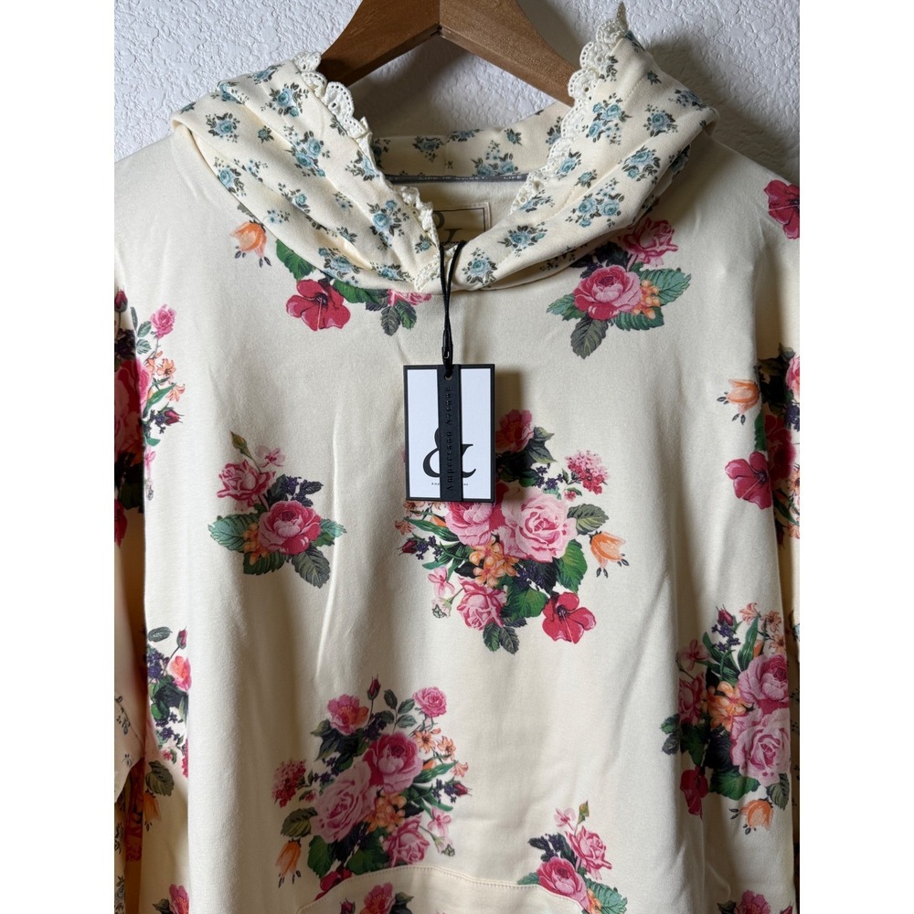 Ampersand Avenue Golden Hour Garden University Hoodie Floral Lace Trim 3XL NEW - Picture 2 of 12